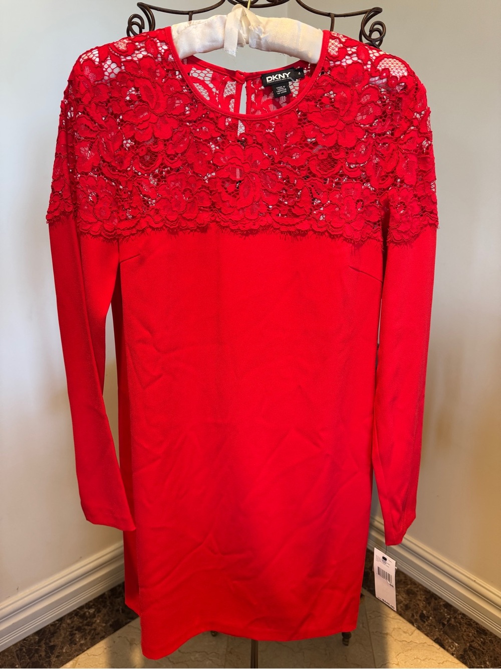DKNY Flame Red Long Sleeve Lace Shift Dress